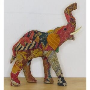 Vintage Indian Sari Fabric Elephant Paper Mache Wrapped Figure Glass Eyes